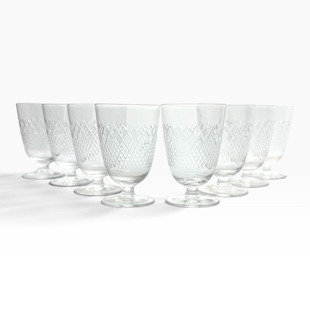 1950s Vintage Mid-century 8 Footed Juice Glasses, Criss-Cross X Fishnet Cuts